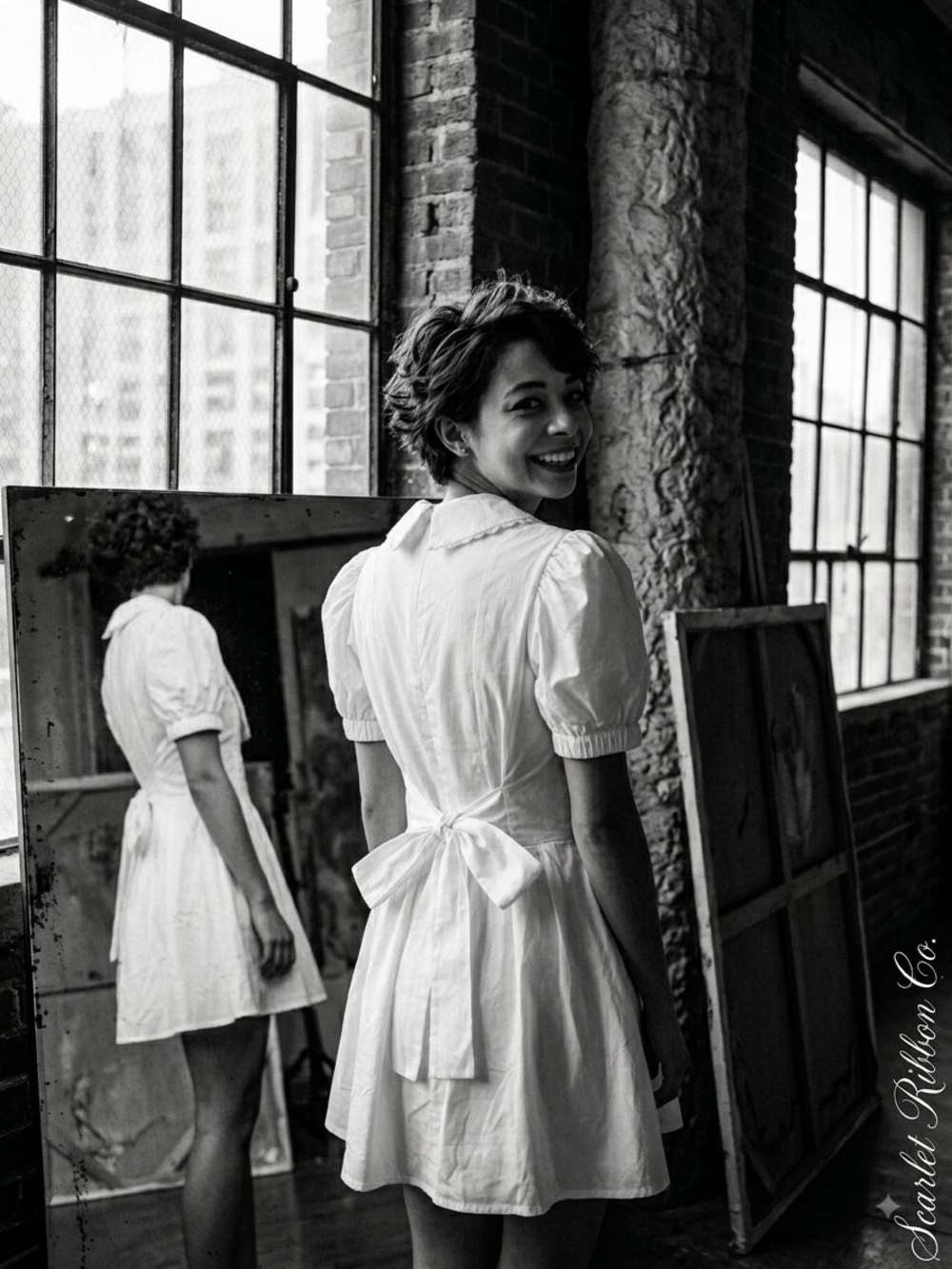 ♣️Grand Street Studios Crisp White Lace-Trim Puff-Sleeve Mini Dress